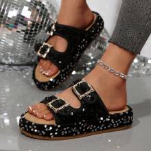 Women's New Thick Sole Sandals, Sequined Upper Design, Textile Upper, Cork Insole, Rubber Outsole, Suitable For Casual, Fashion, Beach, , Sexy Textile Strap Flat Sandals For Beach, Wedding, Party, Outdoor, Office, Summer