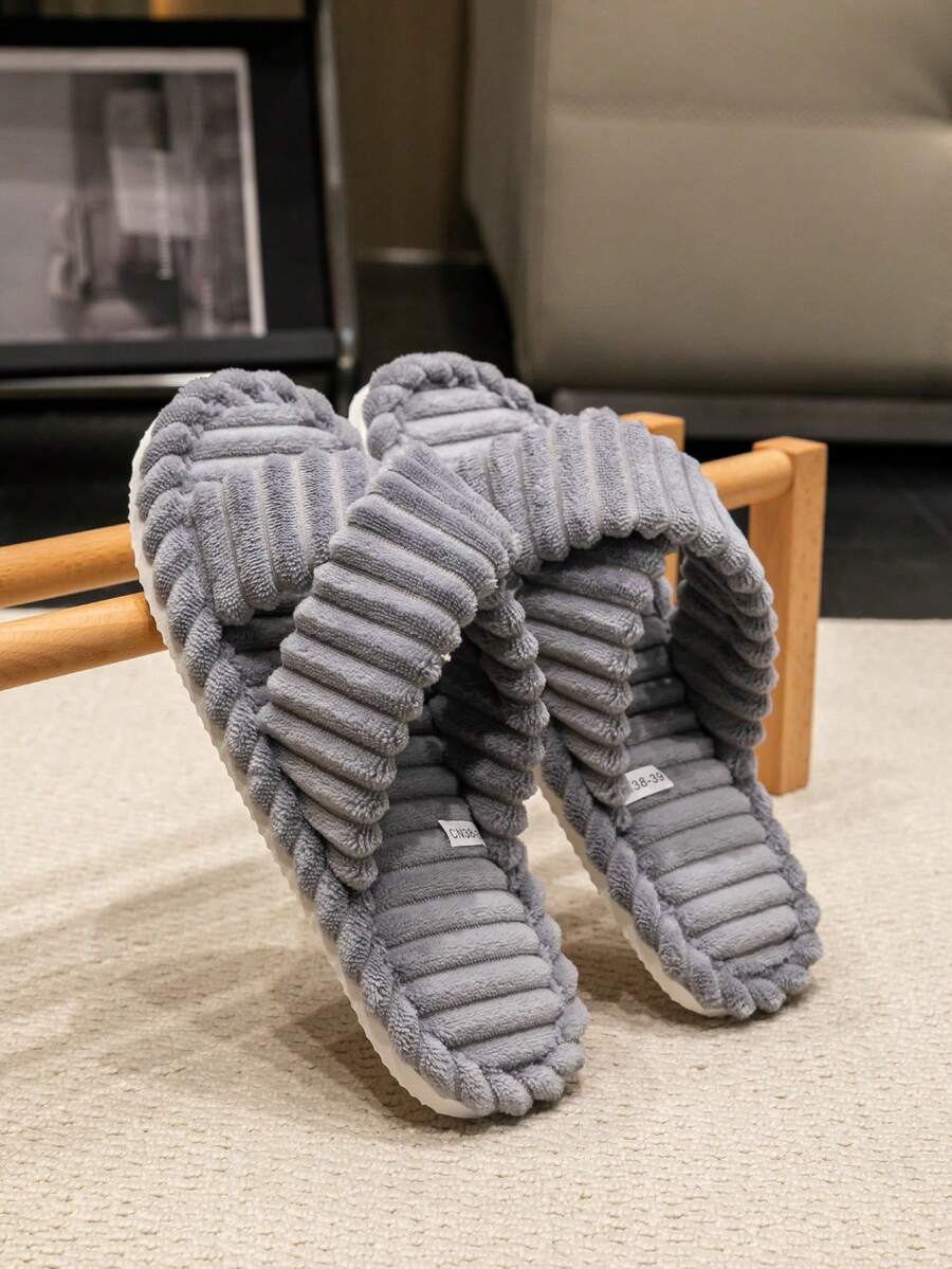 Pantuflas ligeras de hombre con diseño de cruce, pantuflas interiores minimalistas a rayas de forro polar suave, de dedo abierto, transpirables, unisex para todas las estaciones - Gris - Ver 1