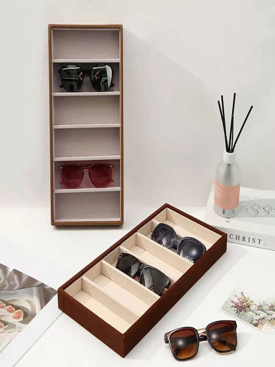 1 pieza Caja de exhibición de gafas de tela de terciopelo premium con 6 ranuras, soporte para gafas de sol, bandeja de almacenamiento de gafas - Multicolor - Ver 1