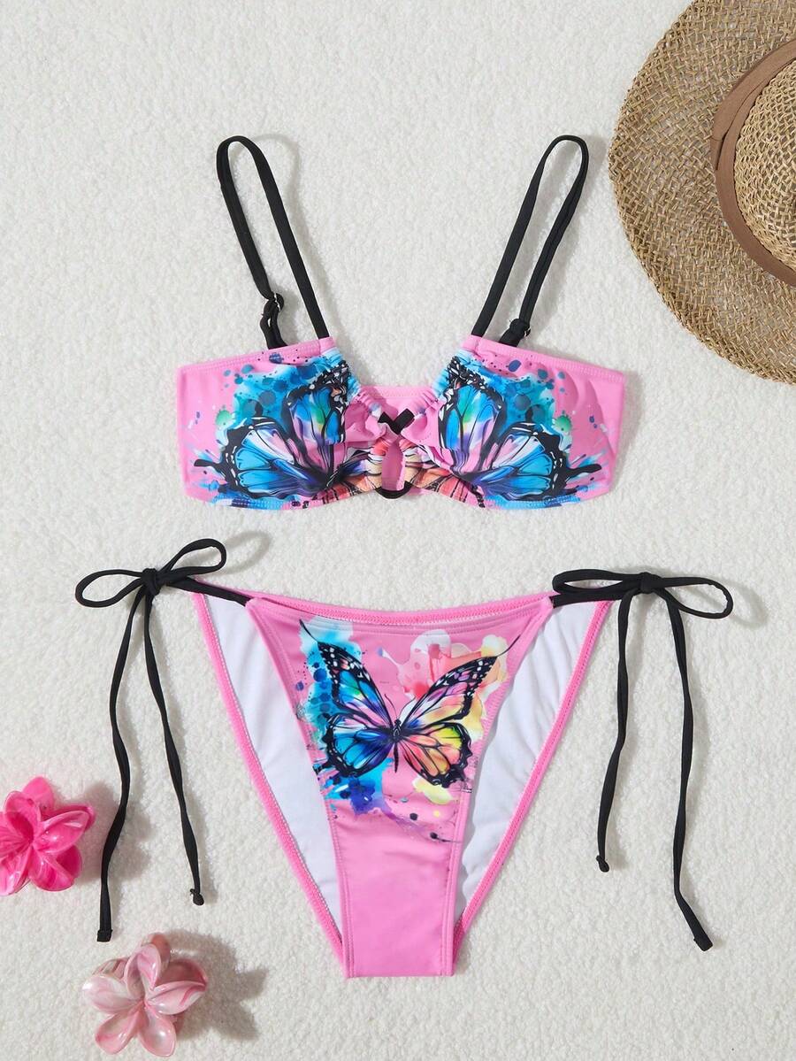 女士蝴蝶印花吊带比基尼套装 夏季泳衣