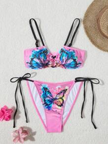 Women's Butterfly Print Strappy Bikini Set Swimming Suit For Summer
