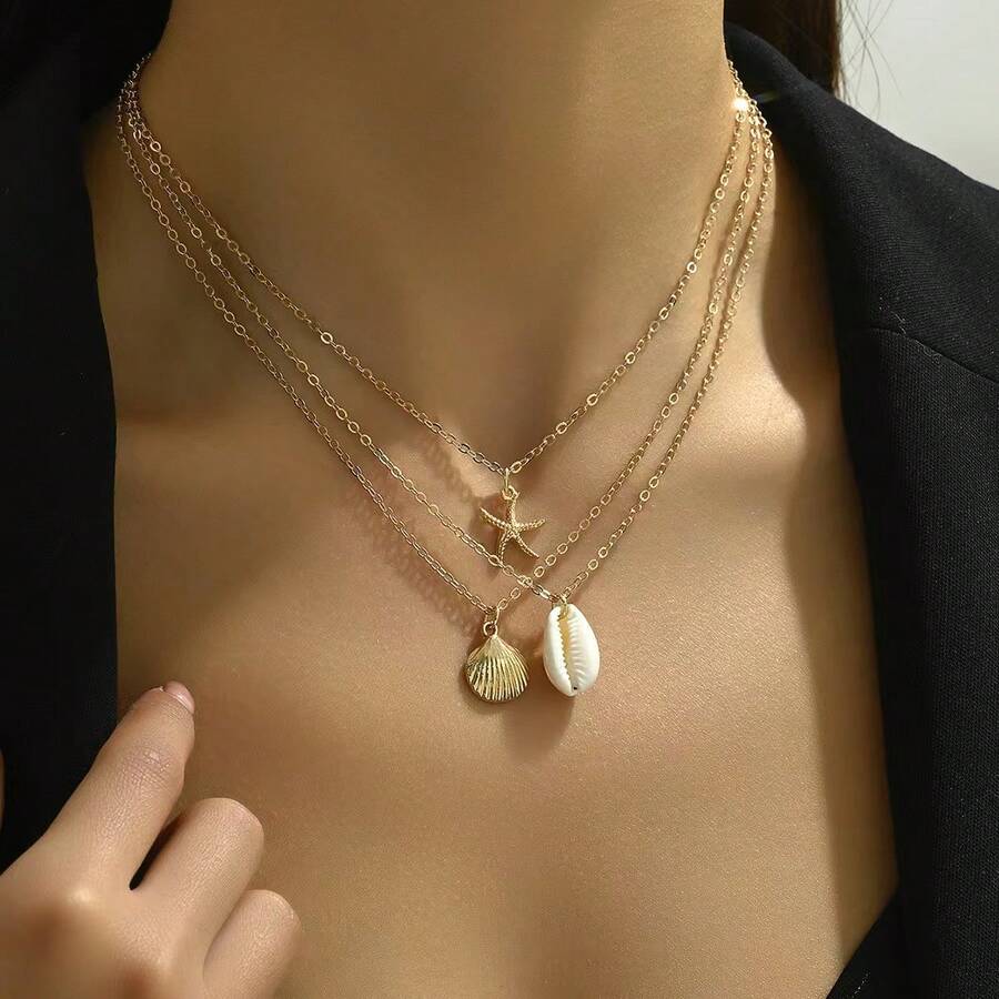3pcs Set Women's Fashionable Summer Coastal Style Shell & Starfish Pendant Necklace - Gold - View 1