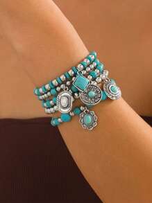 5 Pieces/Set Of Bohemian Imitation Turquoise Vintage Bracelet Advanced Design Sense Personalized Beaded Bracelet Set