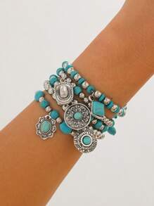 5 Pieces/Set Of Bohemian Imitation Turquoise Vintage Bracelet Advanced Design Sense Personalized Beaded Bracelet Set