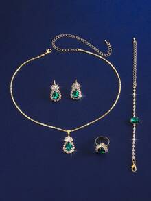 最新韩版时尚优雅水滴水晶首饰套装小众ins彩色水晶吊坠项链耳环戒指套装新娘