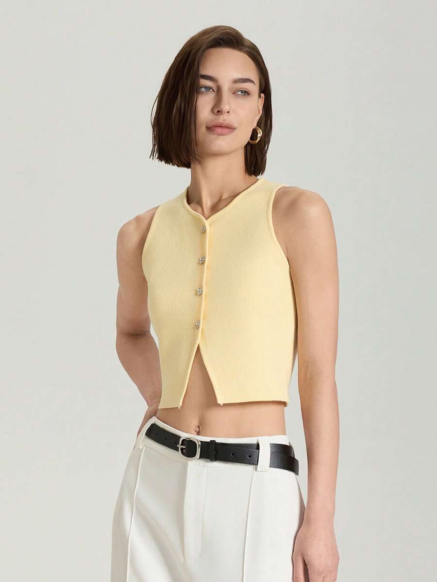 奶油黄色圆领前扣无袖针织短款背心