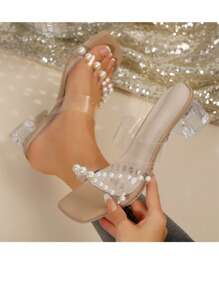 Sandalias de tacon grueso de verano para mujer de talla grande, estilo europeo, con diseño de perla, cómodas, transparente. Adecuadas para uso casual, playa y verano. Zapatos abiertos de tacón alto, elegantes y sexy. Cómodos sandalias de tacón alto color albaricoque.