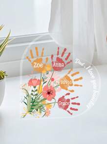 Personalized Acrylic Heart Shaped Desk Sign Customizable With Handprints And Names Perfect For Father's Day Decorations Featuring Colorful Floral Elements And Family Handprints Ideal Gift For Dad Papa Grandpa Unique Desktop Keepsake For Office Or Home Touching Family Souvenir For Holidays Birthdays And Special Occasions