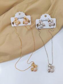 Necklace Kit With Flower Model Earring Micro Zirconia Studded Plated - Gold - View 2