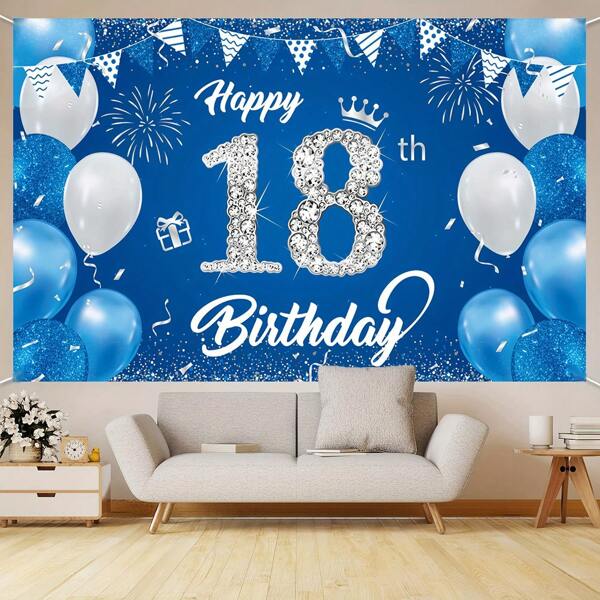 18th Birthday Party Backdrop Banner - Blue, Durable Polyester 18th Birthday Happy Signs, Suitable For Any Season - Room Decoration For Teenager Birthday Celebration With Balloons & Ribbons