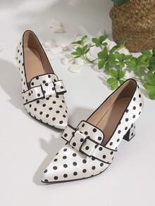 Women's Pointed Toe High Heeled Single Shoes, Satin Polka Dot Chunky Heeled Shoes, Slip-On Bow Decoration, Suitable For Outdoor And Office - trắng - Xem 10