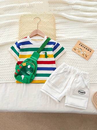 Kids Embroidery Dinosaur Pattern Stripe Short Sleeve Top And Shorts Set With Dinosaur Backpack