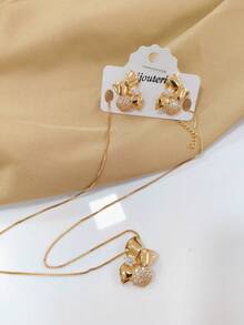 Necklace Kit With Flower Model Earring Micro Zirconia Studded Plated - Gold - View 4
