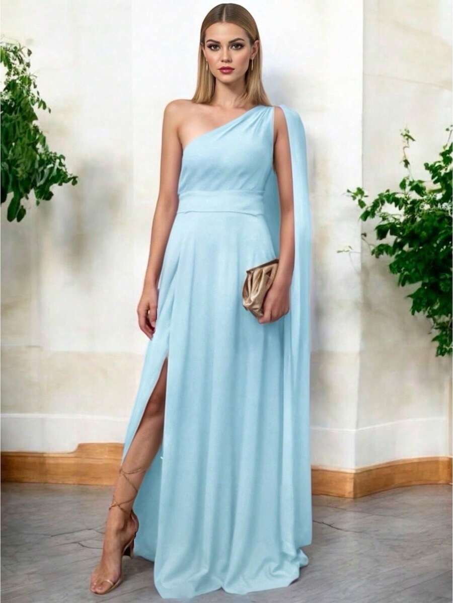 Vestido Elegante Asimetrico con Abertura Lateral y Holgado de la Parte Inferior Hombro Descubierto con Capa - Neblina azul - Ver 1