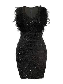 1pc Shiny Sequin & Feather Patchwork Party Dress, Zipper Closure, Suitable For Party, Birthday, Stage Performance, Cocktail, Summer - Black - View 1
