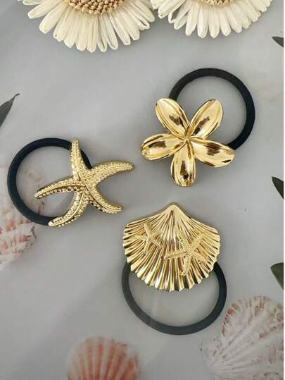 مجموعة من 3 قطع: شريط شعر بزهرة صدفة ذهبية، حبل شعر لذيل الحصان، زينة شعر نجمة البحر عالية الجودة للنساء، زينة شعر قرصية، إكسسوارات مجوهرات هدية، ملابس شاطئ، إكسسوارات شعر زهرية للشاطئ، ربطات شعر مطاطية لذيل الحصان، خصل شعر مطاطية، أربطة شعر