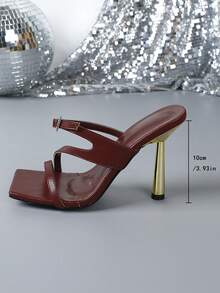 Fashionable Women's Sexy Square Toe Slip-On Heeled Sandals - Burgundy - View 3