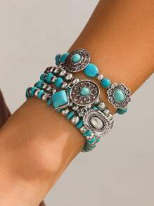5 Pieces/Set Of Bohemian Imitation Turquoise Vintage Bracelet Advanced Design Sense Personalized Beaded Bracelet Set