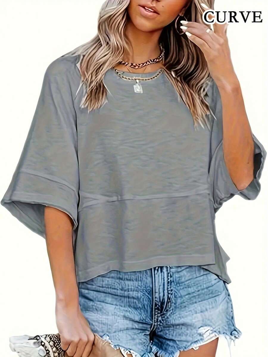 Plus Women's Spring/Summer Round Neck T-Shirt Top - Grey - View 1