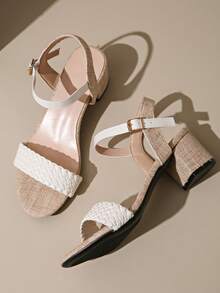 Girl Low Heel Open Toe Round Toe High Heel Sandals, New Spring/Summer Elegant Buckle Square Heel Versatile Sandals - Beige - View 7