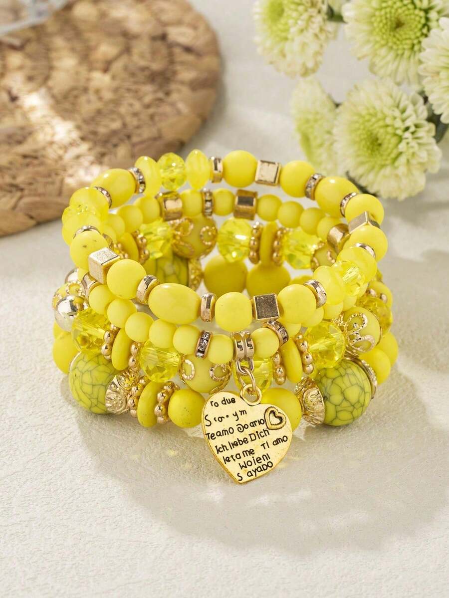 4pcs Boho Chic Vintage Romantic Heart Engraved Bracelet, Suitable For Women Daily Wear - Beige - View 1