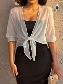 Blusa casual de gasa con nudo delantero y manga corta, en unicolor, ideal como cubrimiento para vacaciones de verano, tallas grandes para mujeres