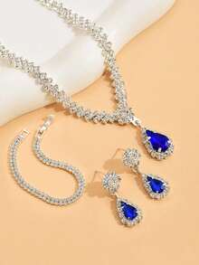 3pcs/Set Bridal Jewelry Set: Silver Necklace, Earrings And Bracelet, Metal With Rhinestone Inlay - Green - View 3