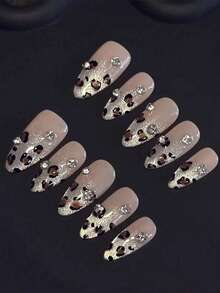 10 Pieces Of Manual Pressing Nails, Almond-Shaped Short Pressing Nails, Spring And Summer Nail Art, Fake Nails, Nude French Cat-Eye Leopard Print Nail Art DIY Cat-Eye Leopard Print, Silver Pile Rhinestone Accessories