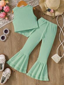 2pcs Girls Chiffon Bubble Ruffle Flower Hem Sleeveless Top And Flared Leg Pants With Fringe Trim Set - Green - View 5