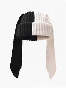 1 件女式多色拼布针织长款兔耳朵无檐小便帽，可爱大头围撞色针织帽，秋冬