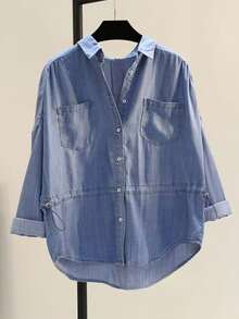 Women's Casual Front Button Drawstring Detail Long Sleeve Shirt Spring - Blue - View 3