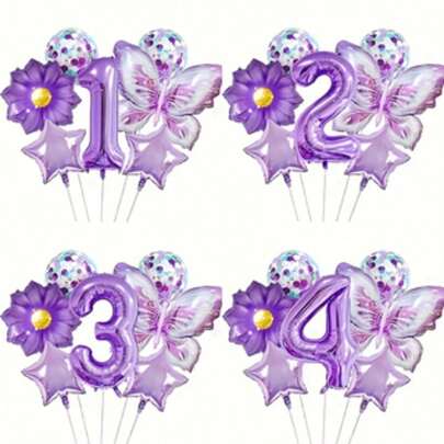 7 件套紫色蝴蝶 32 英寸数字气球，适用于生日派对装饰