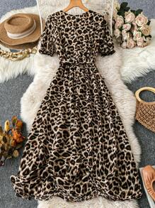 Women's Leopard Print Crew Neck Puff Sleeve Casual Long Dress