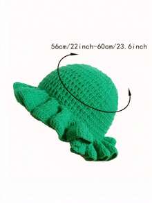 1pc Women Handmade Crochet Ruffle Brim Knit Cap, Stylish Ruffled Knitted Hat For Autumn/Winter - Solid Color - View 2