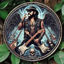 1 Pc 8" X 8" 2D Flat Lemmy Kilmister Band Wall Art Metal Sign - Round Metal Decor With Winged Guitar Player & Skull Design, Durable, Wind-Proof, Water-Resistant, Suitable For Home, Office, Bar, Cafe, Indoor/Outdoor Use, Great For Room Decoration, Random Hole Style