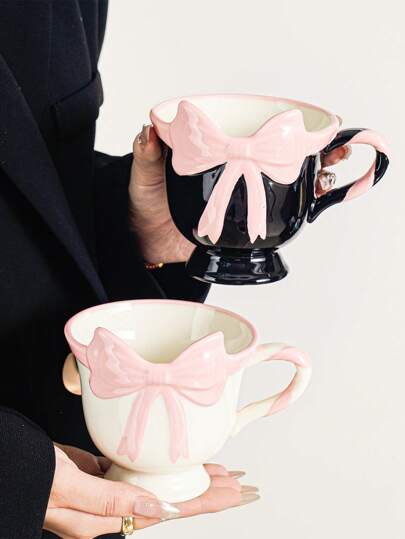 Asymmetrical Pink 3D Bow Artsy Mug, Birthday Gift For Women Back To School