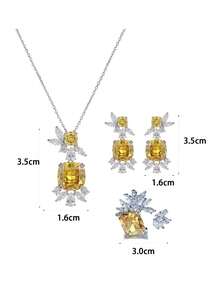 Bộ 1 chiếc vòng cổ, hoa tai và nhẫn Cubic Zirconia hình học sang trọng, phù hợp cho phụ nữ mặc đi tiệc và dự tiệc - Màu vàng - Xem 3