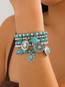 5 Pieces/Set Of Bohemian Imitation Turquoise Vintage Bracelet Advanced Design Sense Personalized Beaded Bracelet Set