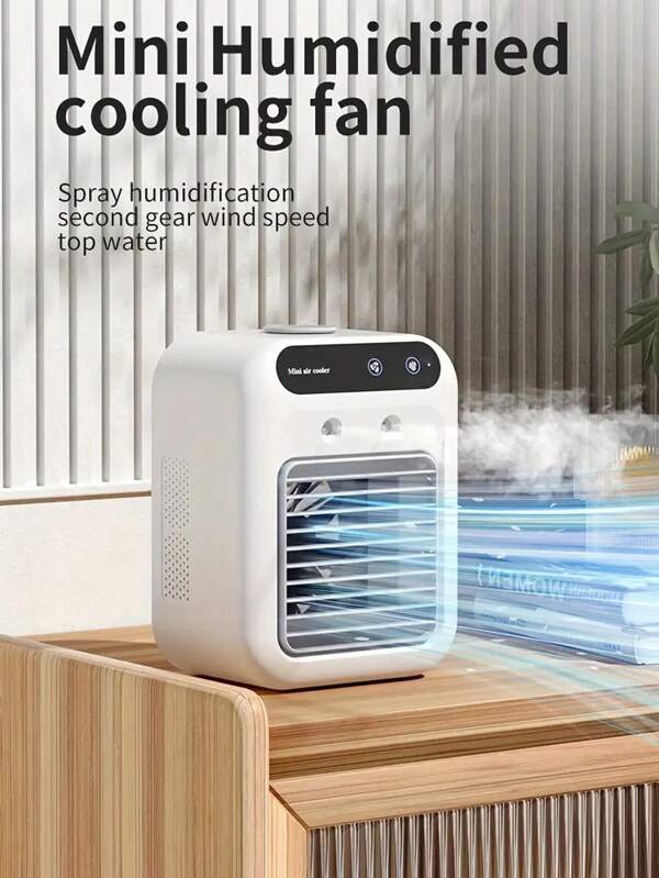 1 pieza Ventilador de aire acondicionado portátil, ventilador de escritorio, humidificador de escritorio y aire acondicionado frío, enfriador de aire con doble sistema de nebulización mejorado, adecuado para uso doméstico y de oficina, funcionamiento silencioso, ajuste de 2 velocidades, material plástico, batería de litio de 1800mAh/alimentado por USB - Opción ideal para humidificador de aire para el hogar y la oficina