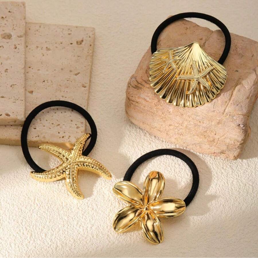3pcs Gold Hair Ties, Metal Material Suitable For Thick Hair, Elegant Geometric Design, Hair Accessories