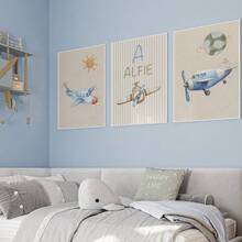 Customized Canvas Posters - Personalize Vintage Airplane Nursery Prints, Personalised Boy Gift, Neutral Nursery Wall Art, Set Of 3 Prints, Playroom Decor, Boys Bedroom Outdoor Decoration,Customized Name, Modern Wall Art, Customized Canvas Wall Art
