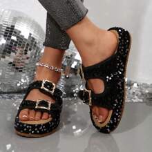 Women's New Thick Sole Sandals, Sequined Upper Design, Textile Upper, Cork Insole, Rubber Outsole, Suitable For Casual, Fashion, Beach, , Sexy Textile Strap Flat Sandals For Beach, Wedding, Party, Outdoor, Office, Summer