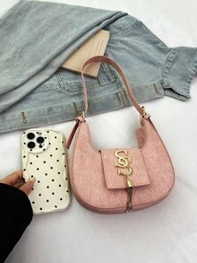 女士月亮形单肩包休闲简约链条单肩包，2024年冬季新款韩版 - 粉色 - 查看 6