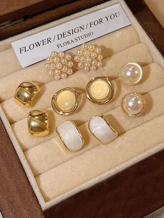 5 件/套复古仿珍珠五角星和圆形耳钉套装，简约设计适合女性日常和节日佩戴（无盒）