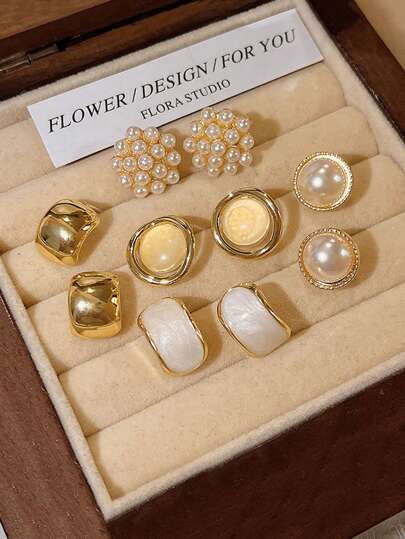 5 piezas/set de pendientes de estrella y círculo de cinco puntas con perlas falsas vintage, diseño minimalista adecuado para uso diario y de festival de mujeres (sin caja)