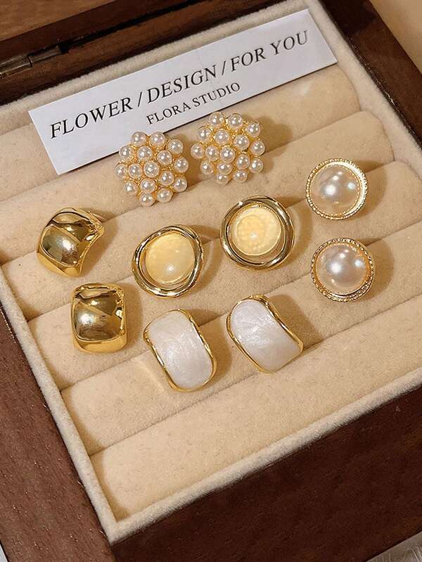 5 piezas/set de pendientes de estrella y círculo de cinco puntas con perlas falsas vintage, diseño minimalista adecuado para uso diario y de festival de mujeres (sin caja)