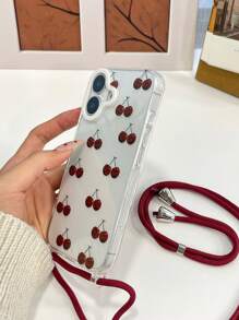 1 pieza Funda de teléfono con cordón con expresión de cereza, 1 pieza Correa desmontable de 4 mm de grosor, Correa para el hombro/Bandolera, Anillo protector del objetivo de la cámara de alta protección, Funda suave de TPU transparente para 15 Pro Max / 15 Pro / 15 Plus / 11 / 12 / 12 Pro Max / 13 / 13 Pro Max / 14 / 14 Pro Max / 14 Plus / 16 / 16 Pro / 16 Plus / 16 Pro Max