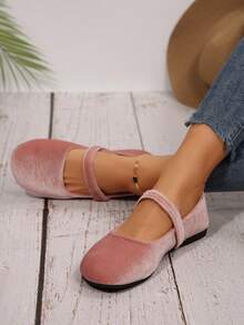 Women's Solid Color T-Strap Round Toe Low Heel Flats, Fashion & Elegant Burgundy Mary Jane Flat Shoes For Casual, Work, Party, Spring & Autumn, Comfortable & Convenient - Pink - View 3