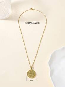 1pc Classic Vintage Solid Round Medal Pendant Necklace With Stainless Steel Double-Sided Pattern Design - Yellow Gold - View 4