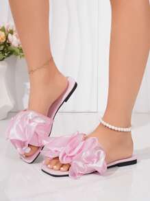 Women's Pleated Ruffle Open Toe Comfortable Versatile Square Toe Flat Sandals, Pink, Spring/Summer, Suitable For Outdoor, Party